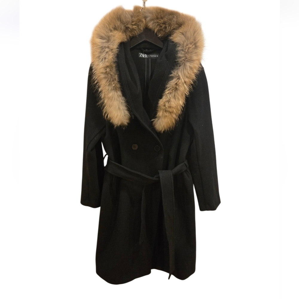 Zara Women's Black Trench Coat with Tan Real Fur Sz M